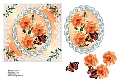 Peach Flowers and Butterfly on Lace