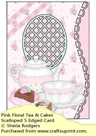 Pink Floral Tea and Cakes Scalloped S Edged Card