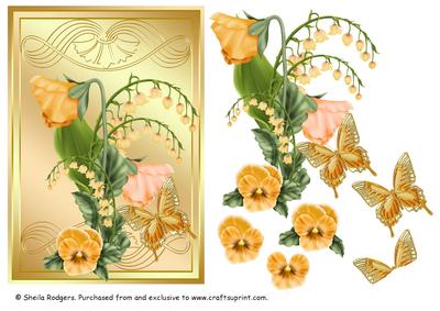 Apricot Flowers and Gold Butterfly