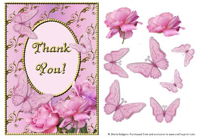 Pink Rose Corner with Butterflies - Thank You