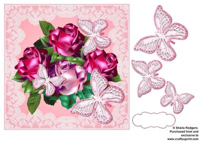 Pink Butterflies on Lace and Roses