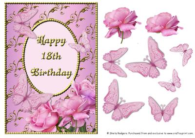Pink Rose Corner with Butterflies - 18th Birthday