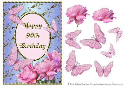 Pink Rose Corner with Butterflies - 90th Birthday