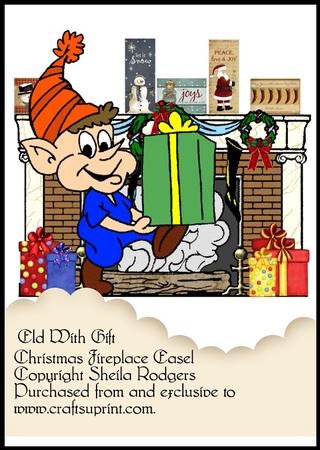 Christmas Fireplace Easel - Elf with Gift