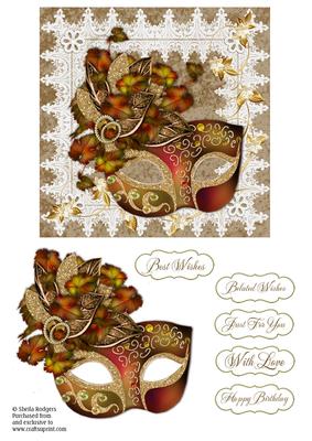 6 Inch Card - Venetian Mask - Autumn Leaves