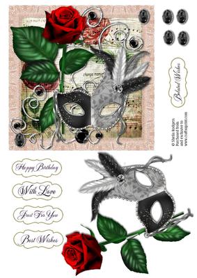 6 Inch Card - Venetian Mask - Red Rose and Silver