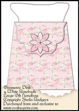Large Gift Handbag - Geometric Pink and White Rosebuds