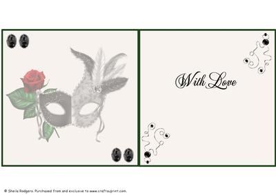 6 Inch Card - Venetian Mask - Red Rose and Silver - Insert