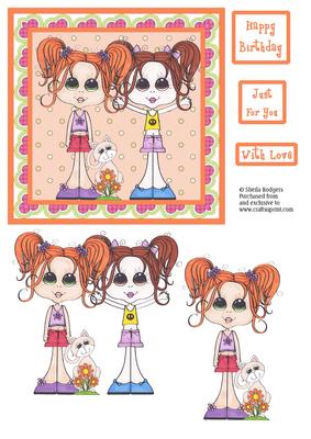 Square Card - Tween Girls and Cat 1