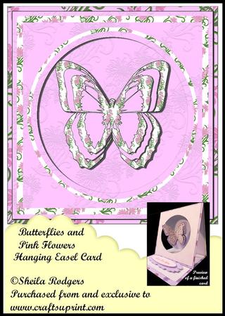 Hanging Easel Card - Butterflies and Pink Flowers