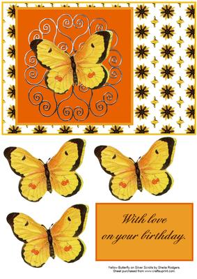 Yellow Butterfly on Silver Scrolls