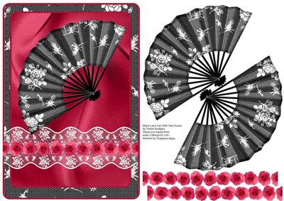Black Lace Fan with Red Roses
