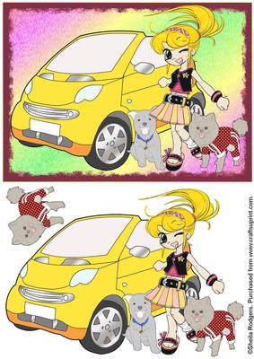 Manga Girl with Dogs and Smart Car