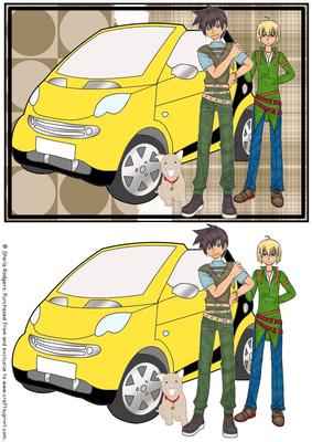 Boys and Dog with Yellow Smart Car