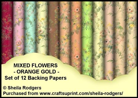 Mixed Flowers - Orange Gold - Set of 12 Backing Papers
