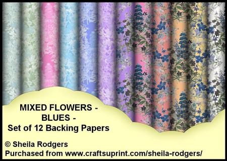 Mixed Flowers - Blues - Set of 12 Backing Papers