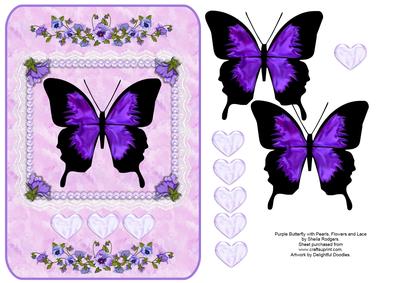 Purple Butterfly with Pearls, Flowers and Lace