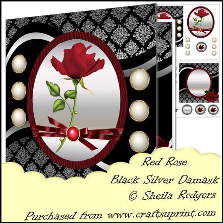 Red Rose Black Silver Damask
