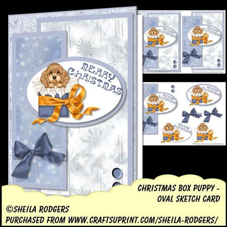 Oval Sketch Card - Christmas Box Puppy