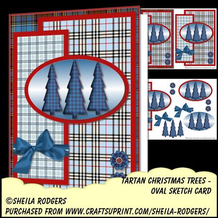Oval Sketch Card - Tartan Christmas Trees