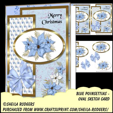 Oval Sketch Card - Blue Poinsettias