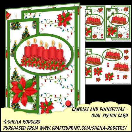 Oval Sketch Card - Candles and Poinsettias