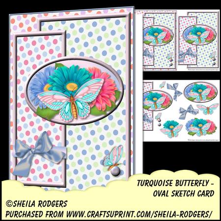 Oval Sketch Card - Turquoise Butterfly