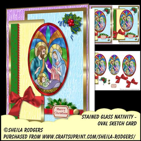 Oval Sketch Card - Stained Glass Nativity