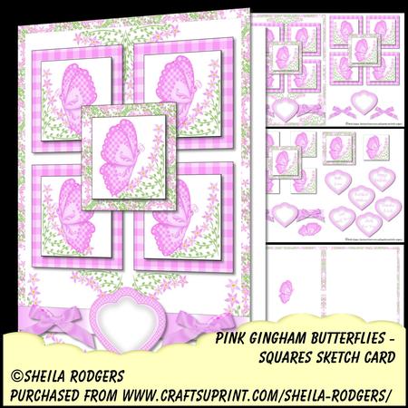 Squares Sketch Card - Pink Gingham Butterflies