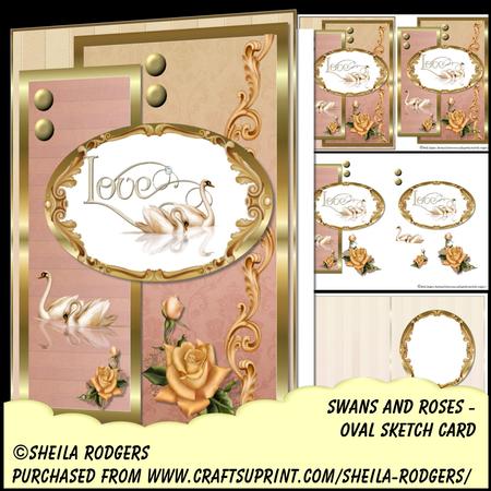 Oval Sketch Card - Swans and Roses