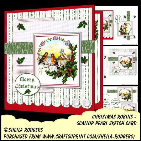 Scallop Pearl Sketch Card - Christmas Robins