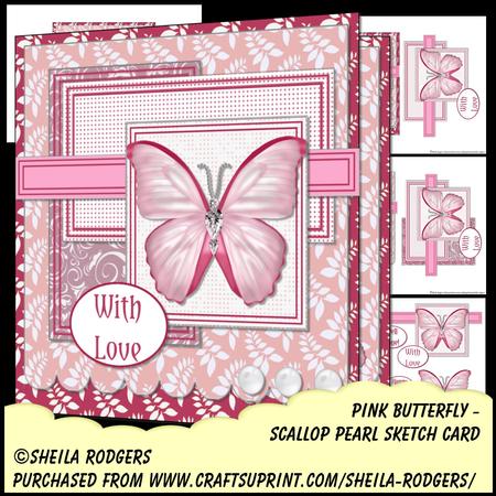 Scallop Pearl Sketch Card - Pink Butterfly