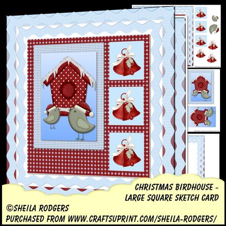 Large Square Sketch Card - Christmas Birdhouse