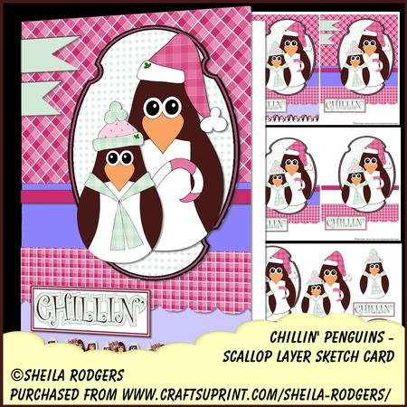 Scallop Layer Sketch Card - Chillin' Penguins