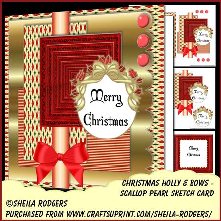 Scallop Pearl Sketch Card - Christmas Holly & Bows