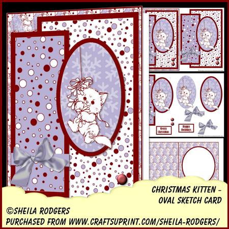 Oval Sketch Card - Christmas Kitten