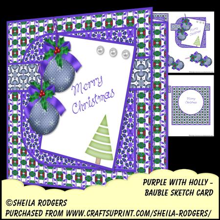 Bauble Sketch Card - Purple with Holly