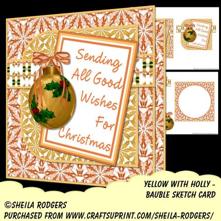 Bauble Sketch Card - Yellow with Holly