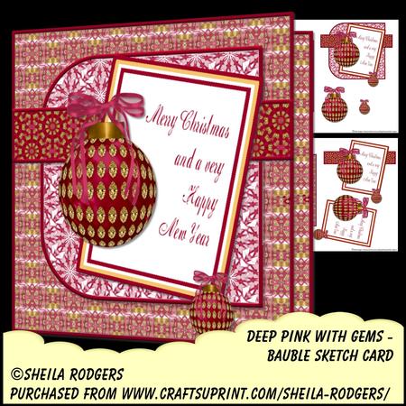 Bauble Sketch Card - Deep Pink with Gems