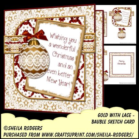 Bauble Sketch Card - Gold with Lace