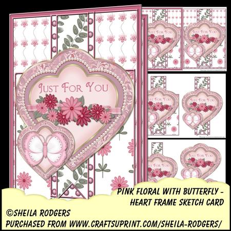 Heart Frame Sketch - Pink Floral with Butterfly