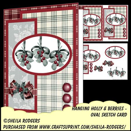 Oval Sketch Card - Hanging Holly and Berries