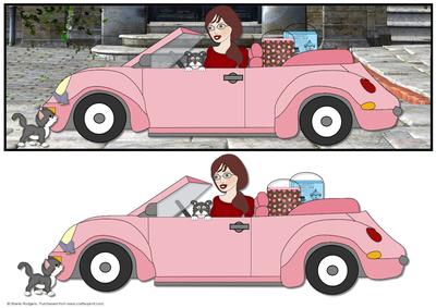 Large Dl - Girl with Pets and Pink Car