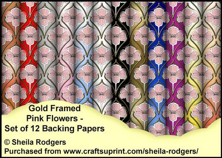 Gold Framed Pink Flowers - Set of 12 Backing Papers