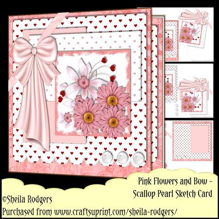 Scallop Pearl Sketch Card - Pink Flowers and Bow
