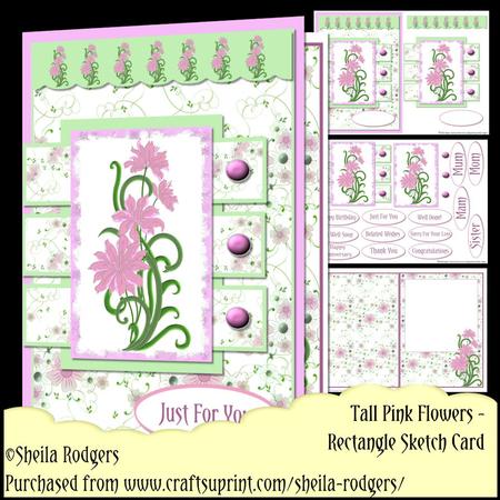 Rectangle Sketch Card - Tall Pink Flowers