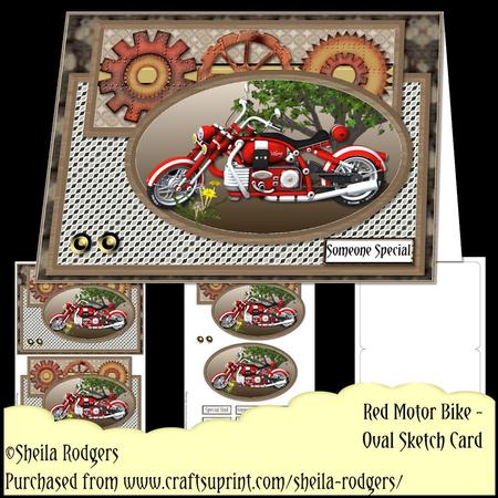Oval Sketch Card - Red Motor Bike