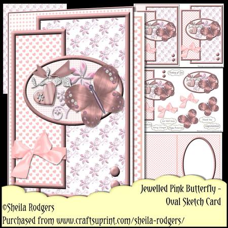 Oval Sketch Card - Jewelled Pink Butterfly