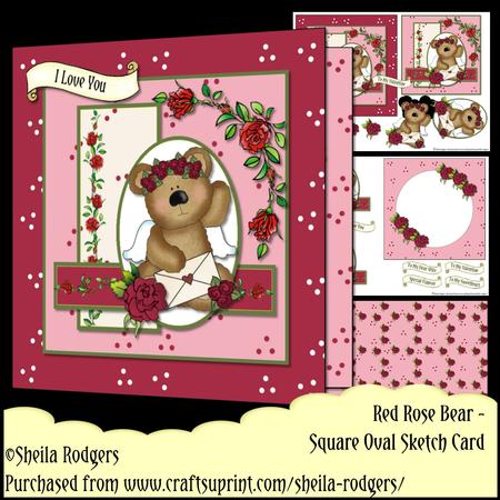 Square Oval Sketch Card - Red Rose Bear