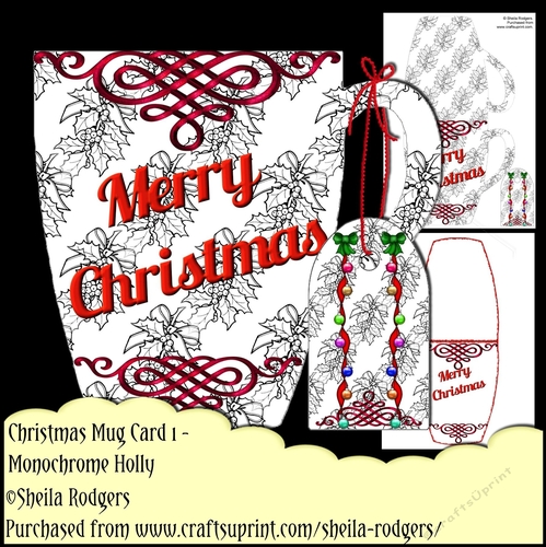 Christmas Mug Card 1 - Monochrome Holly